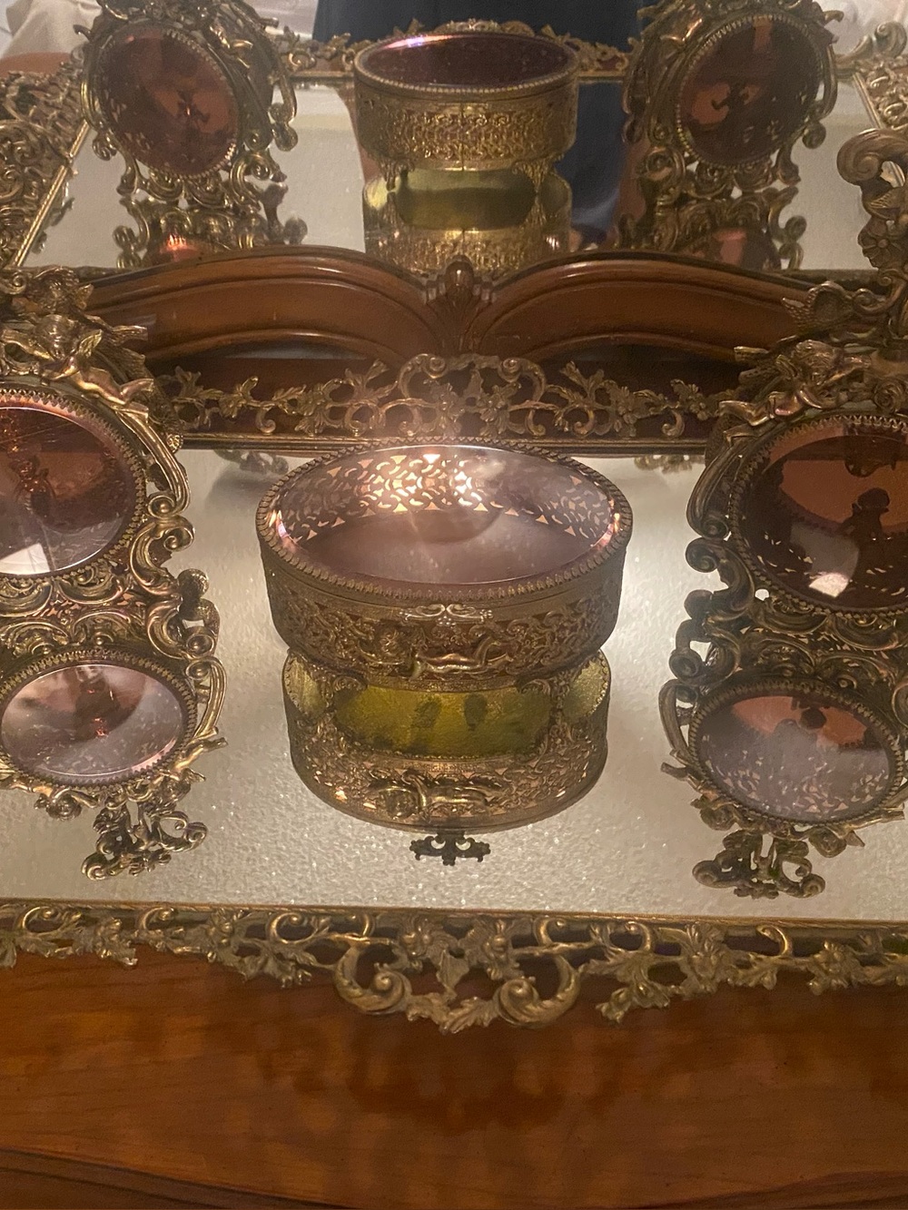 Vintage Ornate Cherub Vanity Set with Mirrored Tray Beautiful vintage